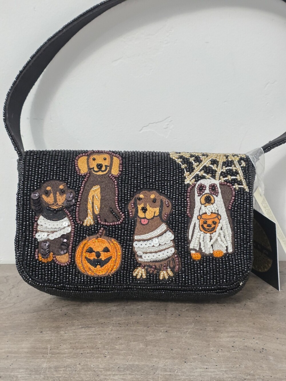 Viral India Beaded Halloween Dog Pumpkin Spiderweb Shoulder Bag Purse New